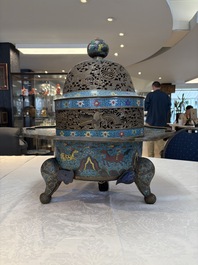 A large Chinese cloisonn&eacute; tripod censer and cover, 19th C.