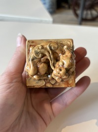 An unusual Chinese marble-glazed 'Qianlong Yu Bi 乾隆御筆' seal and stand, Qianlong mark, Republic