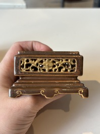 An unusual Chinese marble-glazed 'Qianlong Yu Bi 乾隆御筆' seal and stand, Qianlong mark, Republic