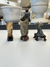 A collection of 26 Chinese jadeite, rock crystal, turquoise, agate and other hardstone carvings, 19/20th C.