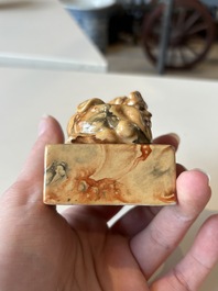 An unusual Chinese marble-glazed 'Qianlong Yu Bi 乾隆御筆' seal and stand, Qianlong mark, Republic