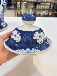 A pair of Chinese blue and white covered vases with floral design, 19th C.