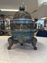 A large Chinese cloisonn&eacute; tripod censer and cover, 19th C.