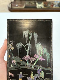 A pair of Chinese laque burgaut&eacute; plaques with figures in landscapes and poems, Qing