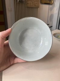 A varied collection of six Chinese blue, white, famille rose and iron-red wares, 19/20th C.