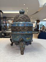 A large Chinese cloisonn&eacute; tripod censer and cover, 19th C.