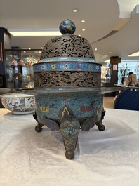 A large Chinese cloisonn&eacute; tripod censer and cover, 19th C.