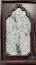 Four Chinese lavender and green jadeite 'Fu Lu Shou Quan 福祿壽全' plaques mounted in a hongmu frame, 19th/20th C.