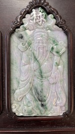 Four Chinese lavender and green jadeite 'Fu Lu Shou Quan 福祿壽全' plaques mounted in a hongmu frame, 19th/20th C.