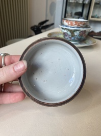 A varied collection of six Chinese blue, white, famille rose and iron-red wares, 19/20th C.