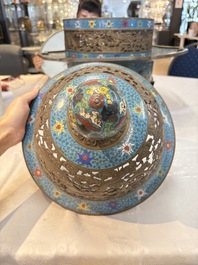 A large Chinese cloisonn&eacute; tripod censer and cover, 19th C.