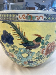 A Chinese famille rose yellow-ground 'pheasant and peony' scroll pot, 19th C.