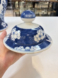 A pair of Chinese blue and white covered vases with floral design, 19th C.