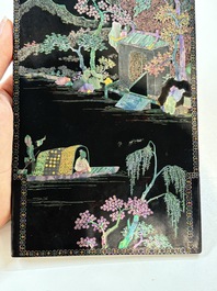 A pair of Chinese laque burgaut&eacute; plaques with figures in landscapes and poems, Qing