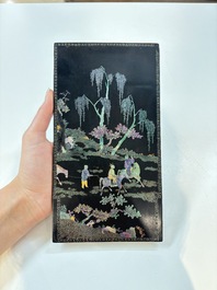 A pair of Chinese laque burgaut&eacute; plaques with figures in landscapes and poems, Qing