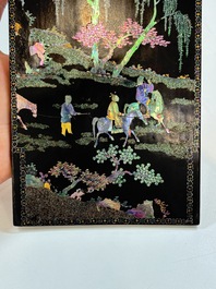 A pair of Chinese laque burgaut&eacute; plaques with figures in landscapes and poems, Qing