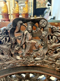 A pair of Chinese finely carved hongmu armchairs, Canton, 19th C.