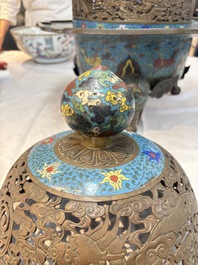 A large Chinese cloisonn&eacute; tripod censer and cover, 19th C.