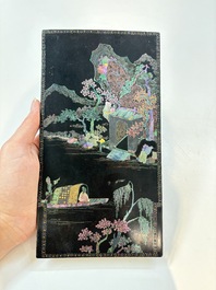 A pair of Chinese laque burgaut&eacute; plaques with figures in landscapes and poems, Qing