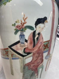 A pair of Chinese famille rose vases with court ladies, 19/20th C.