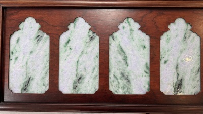 Four Chinese lavender and green jadeite 'Fu Lu Shou Quan 福祿壽全' plaques mounted in a hongmu frame, 19th/20th C.