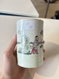 A Chinese gilt- and iron-red-decorated white-glazed Milefo Buddha, a famille rose vase and a brush pot, Qianlong and Xue Changseng 薛長森 mark, 20th C.