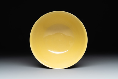 An imperial Chinese green-enamelled yellow-ground 'playing boys' bowl, Yongzheng mark and of the period