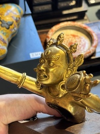 A Sino-Tibetan gilt-bronze Mahakala on stand, a Tibetan Vajradhaka and a Hayagriva, 19/20th C.