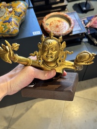 A Sino-Tibetan gilt-bronze Mahakala on stand, a Tibetan Vajradhaka and a Hayagriva, 19/20th C.