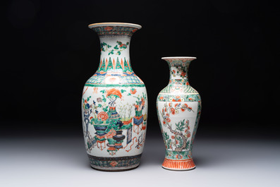Four Chinese famille verte vases, a jar and a bowl, 19th C.