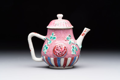 A Chinese famille rose frogspawn-ground relief-molded teapot and cover, Yongzheng