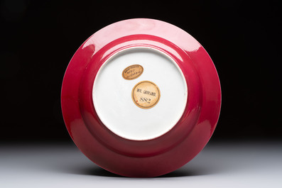 A fine Chinese famille rose ruby-back eggshell plate with a lady and playing boys, Yongzheng