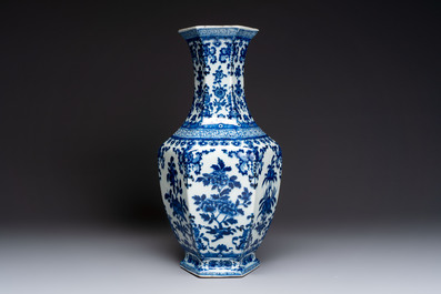 A Chinese blue and white hexagonal vase with floral design, Qianlong mark and of the period