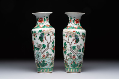 A pair of Chinese famille verte 'warriors' vases and a pair of 'birds among blossoming branches' vases, 19th C.