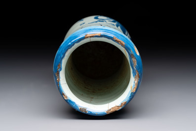 A blue and white Italian albarello, inscribed 'mirice', 18th C.
