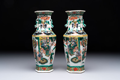 A pair of Chinese famille verte 'warriors' vases and a pair of 'birds among blossoming branches' vases, 19th C.