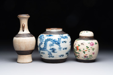 Five Chinese Nanking famille verte, rose, blue and white vases and two jars, 19th C.