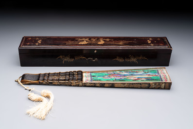 A Chinese Canton gilt-lacquered and painted paper fan with its original box, 19th C.