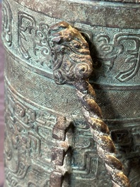 A large Chinese archaistic bronze wine vessel, 'you 卣', Ming