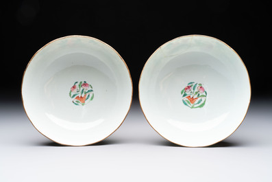 Seven Chinese famille rose bowls with floral design, various marks, 19/20th C.