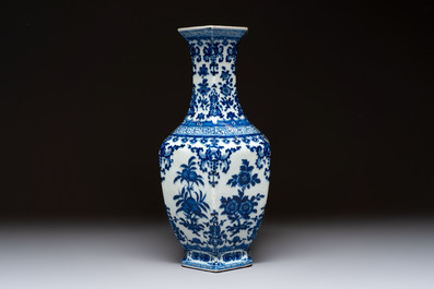 A Chinese blue and white hexagonal vase with floral design, Qianlong mark and of the period