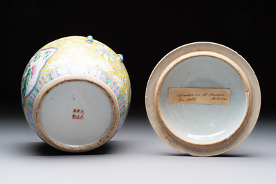 A Chinese famille rose yellow-ground 'kamcheng' bowl and cover for the Straits or Peranakan market, Guangxu mark and of the period