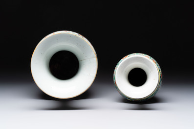 Four Chinese famille verte vases, a jar and a bowl, 19th C.