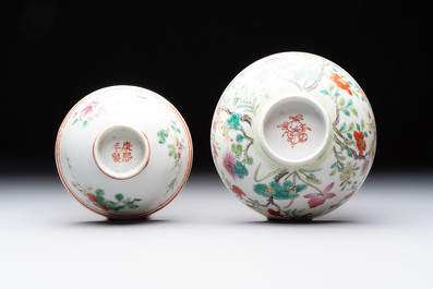 Seven Chinese famille rose bowls with floral design, various marks, 19/20th C.