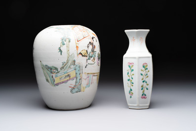 Three Chinese famille rose vases, two hat stands and a jar, 19th C.