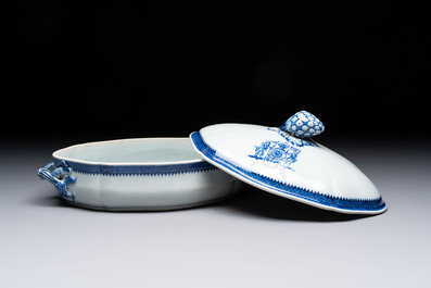 A set of two Chinese blue and white armorial dishes, a stand, and a tureen with the arms of Hughes for the English market, Qianlong, ca. 1790
