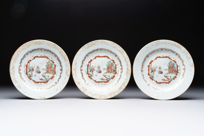 A set of six Chinese Meissen-style export plates with a harbour scene, Qianlong