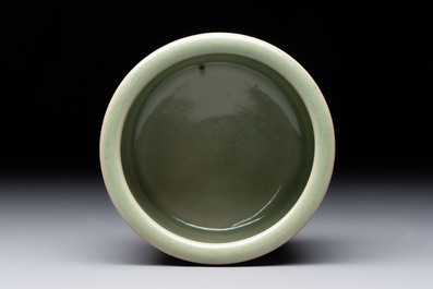 A small Chinese Longquan celadon cylindrical tripod censer, Ming
