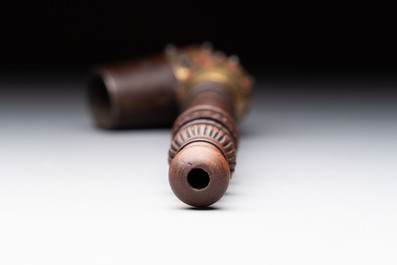 A Persian wooden pipe with bronze and steel mounts, Iran, 19th C.