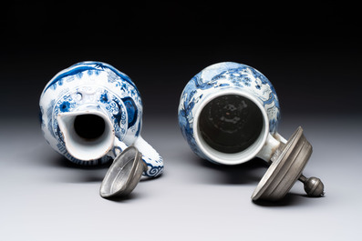 Two blue and white Dutch Delft chinoiserie jugs with pewter lid, 17/19th C.